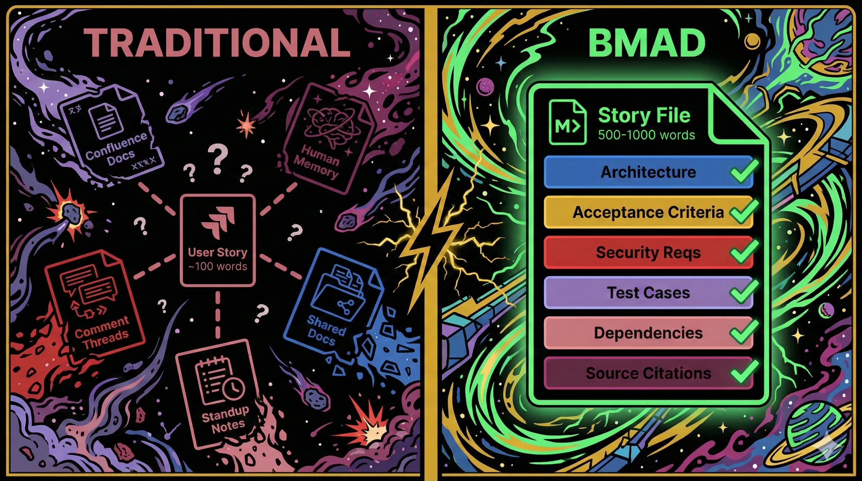 Traditional context fragmentation vs. BMAD's consolidated story file: scattered Jira cards, Confluence docs, and human memory on the left; a single self-contained markdown file with all sections embedded on the right